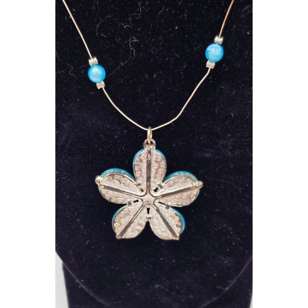 Silvertone Wire Necklace Blue Cats Eye Glass Resin Flower Pendant Jewelry - Picture 3 of 6